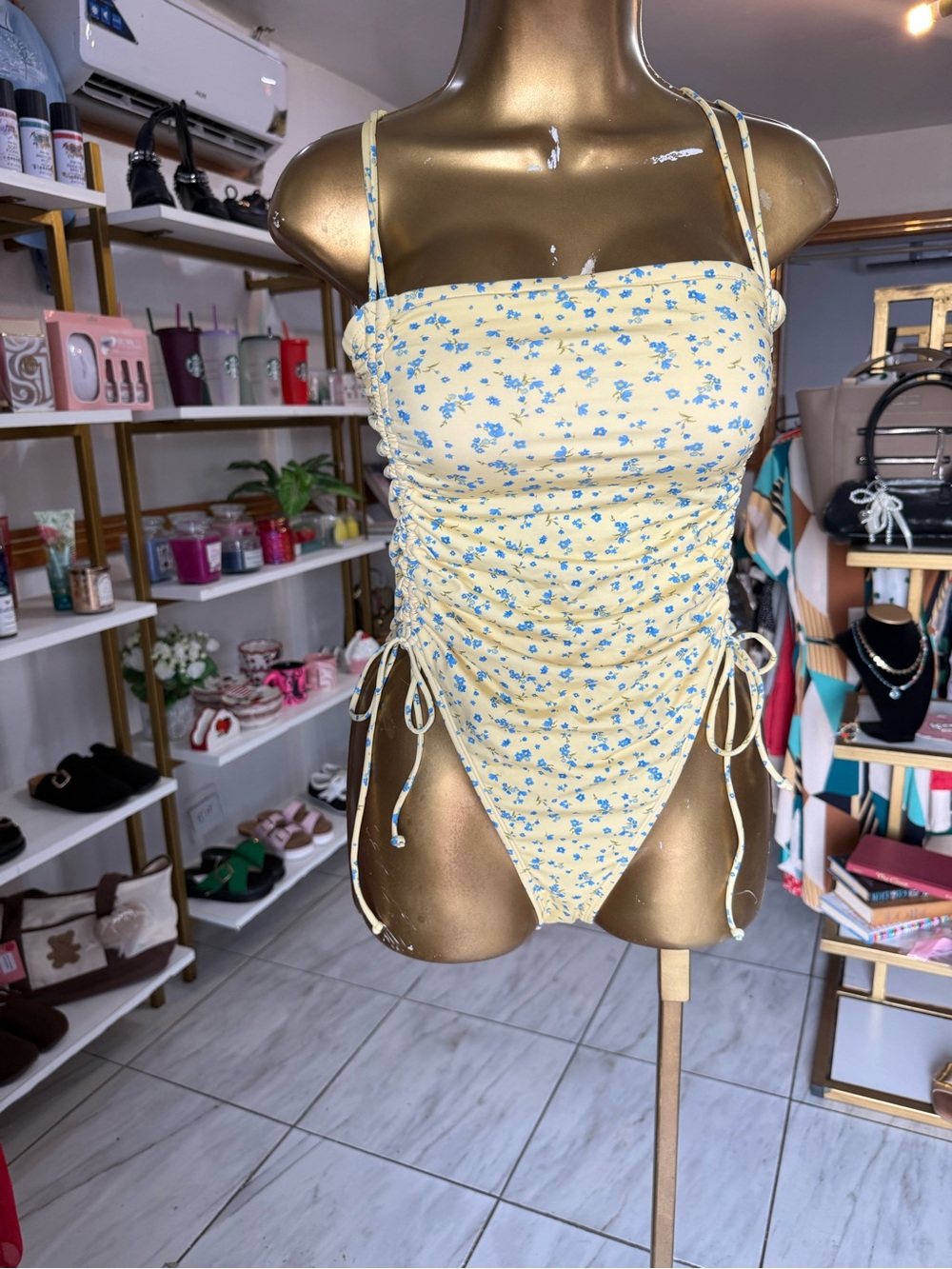Shade & Shore Yellow Floral One-Piece Swimsuit with Blue Print